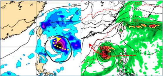 最新(2日20時)歐洲(ECMWF)及美國(GFS)模式,模擬週五(8日)20時地面圖顯示,有有熱帶系統發展,或在台灣東南方海面迴轉(左圖),或穿過呂宋島、西行進入南海(右圖)。(圖/翻攝財團法人氣象應用推廣基金會)