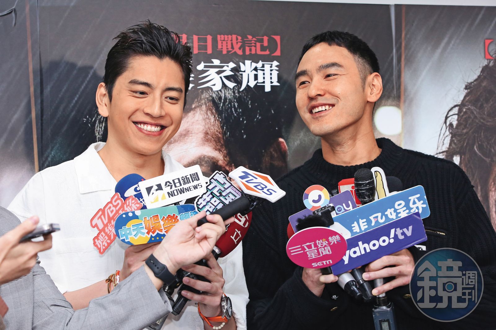 王大陸(左)和阮經天(右)今年初曾聯袂為張家輝主演的動作爽片《怒潮》宣傳。(圖/鏡週刊)