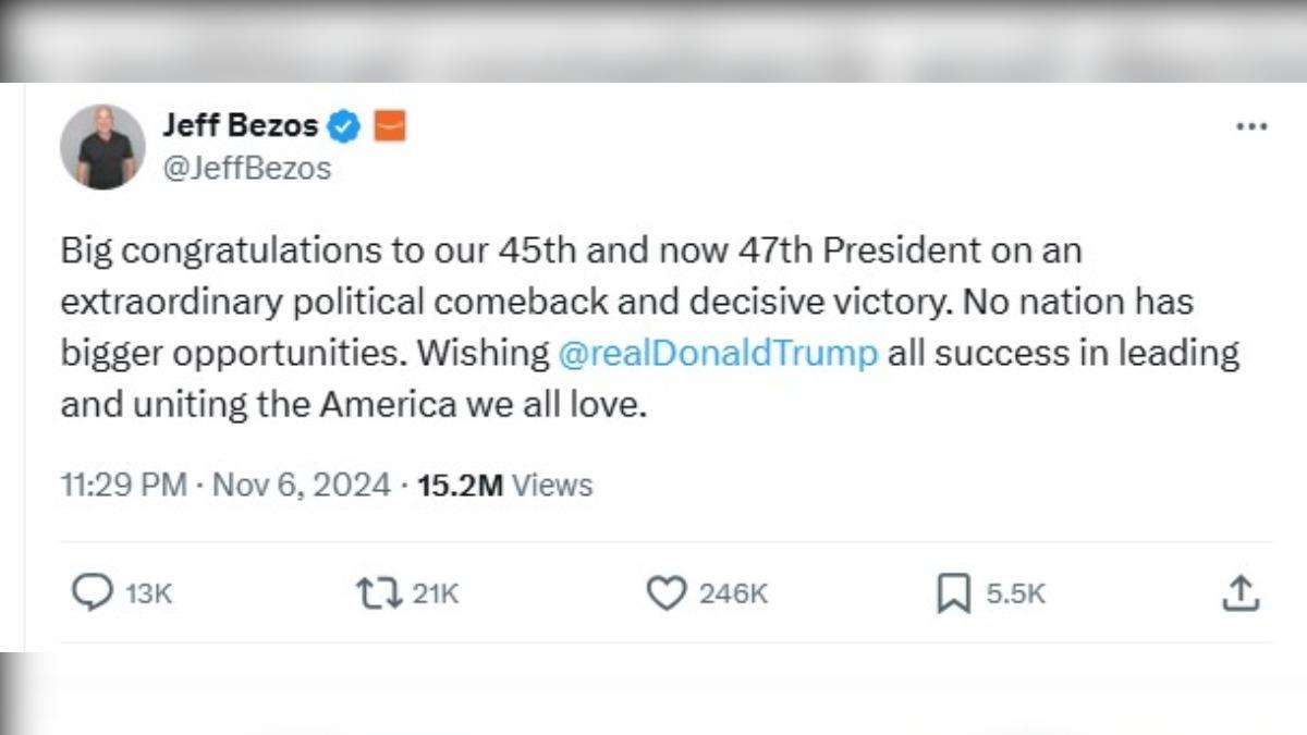 亞馬遜創辦人貝佐斯在X上發文祝賀川普。(圖/翻攝自X@JeffBezos)