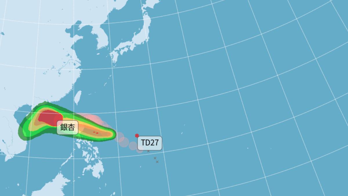 熱帶性低氣壓(TD-27)將生成第23號桔梗颱風。(圖/中央氣象署)
