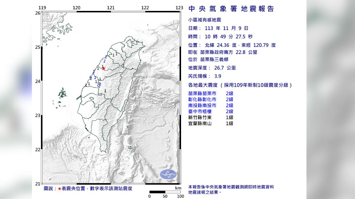 苗栗縣三義鄉昨(9日)上午發生規模3.9地震。(圖/氣象署)