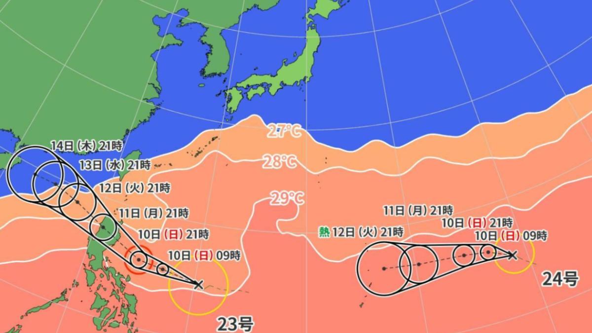 桔梗颱風和萬宜颱風預測路徑及海面溫度。(圖/翻攝自日本雅虎)