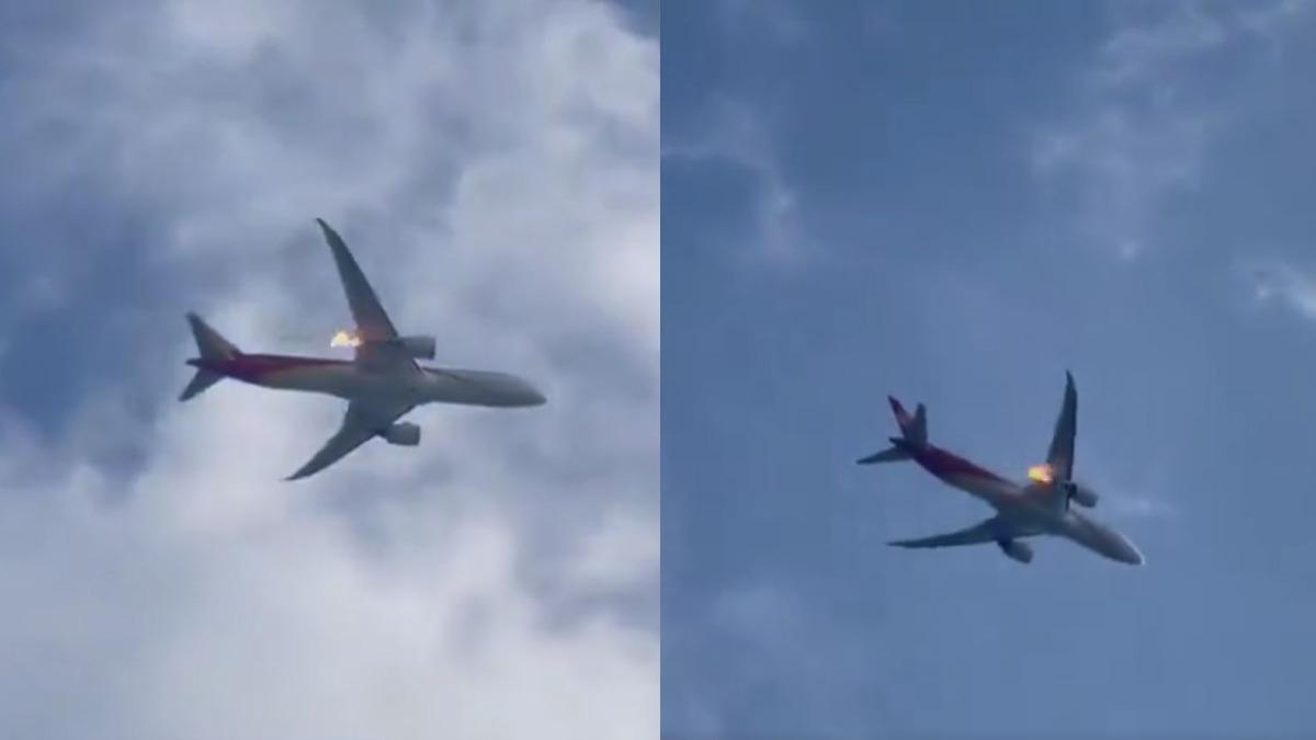 海南航空HU438遭遇鳥擊，右側發動機頻竄火光。（圖／翻攝自微博）