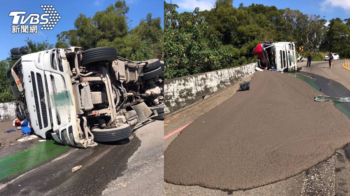 疑超重開山路!台中混凝車側翻「水泥流滿地」 男腰椎骨折急救