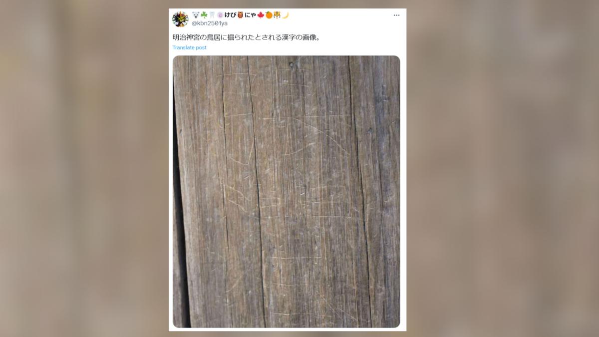 明治神宮大鳥居疑被刻上「張」、「潤」等漢字。(圖/翻攝自X)
