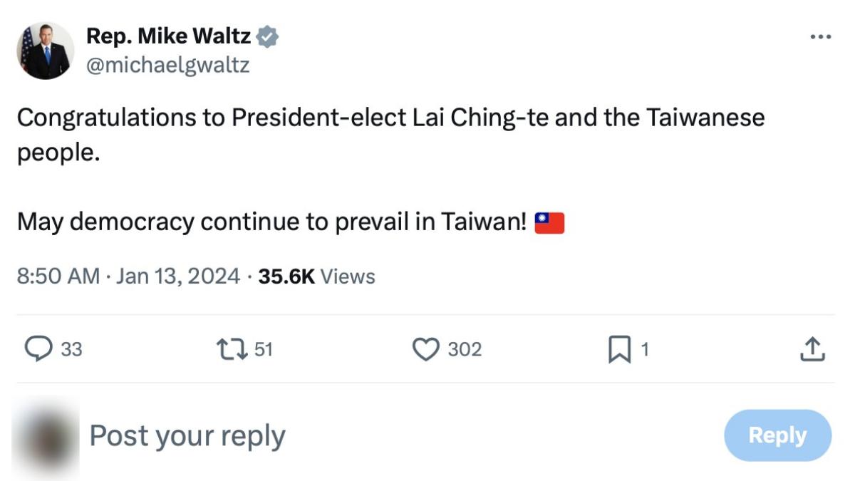 瓦爾茲祝賀賴清德當選。(圖/取自X)