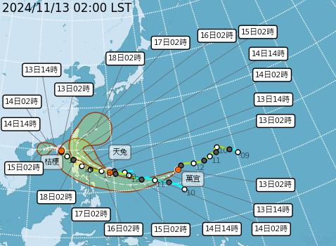 天兔颱風預計會在週五接近菲律賓呂宋島後北轉進入巴士海峽，後續可能從臺灣東部外海北上。（圖／氣象署）