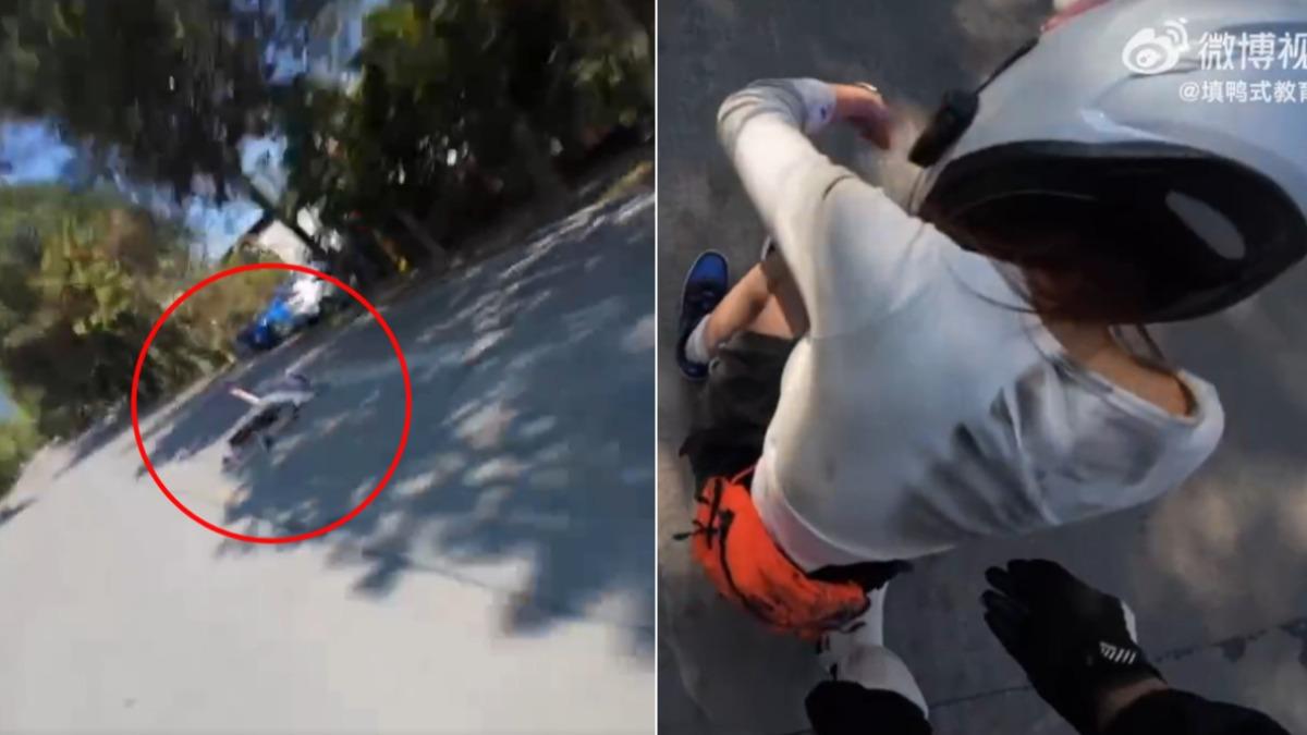 男騎士突然加速,女友沒反應過來被甩下車。(圖/翻攝自 微博 填鴨式教育受害者)