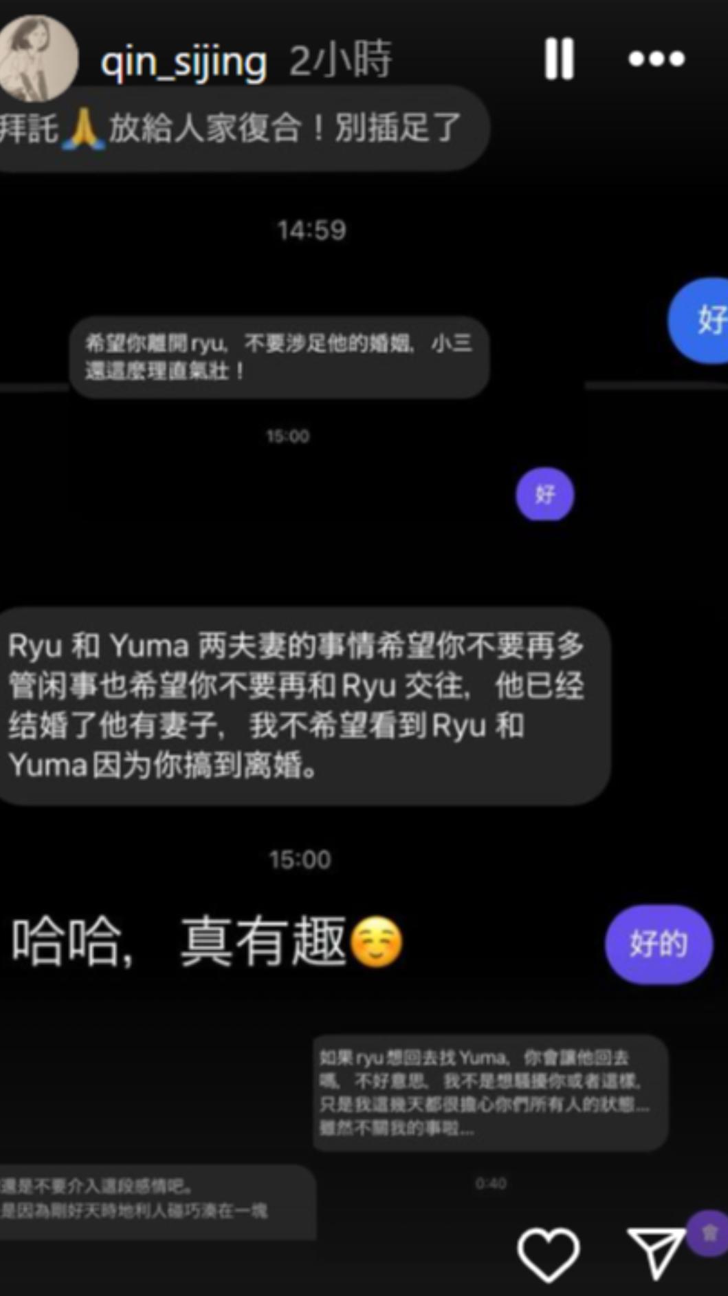 女畫家曬截圖冷回網友。(圖/翻攝自qin_sijing IG)