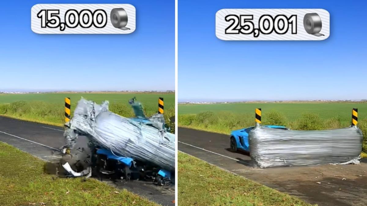 藍寶堅尼被嚴重毀損。(圖/翻攝自 YouTube MrBeast)