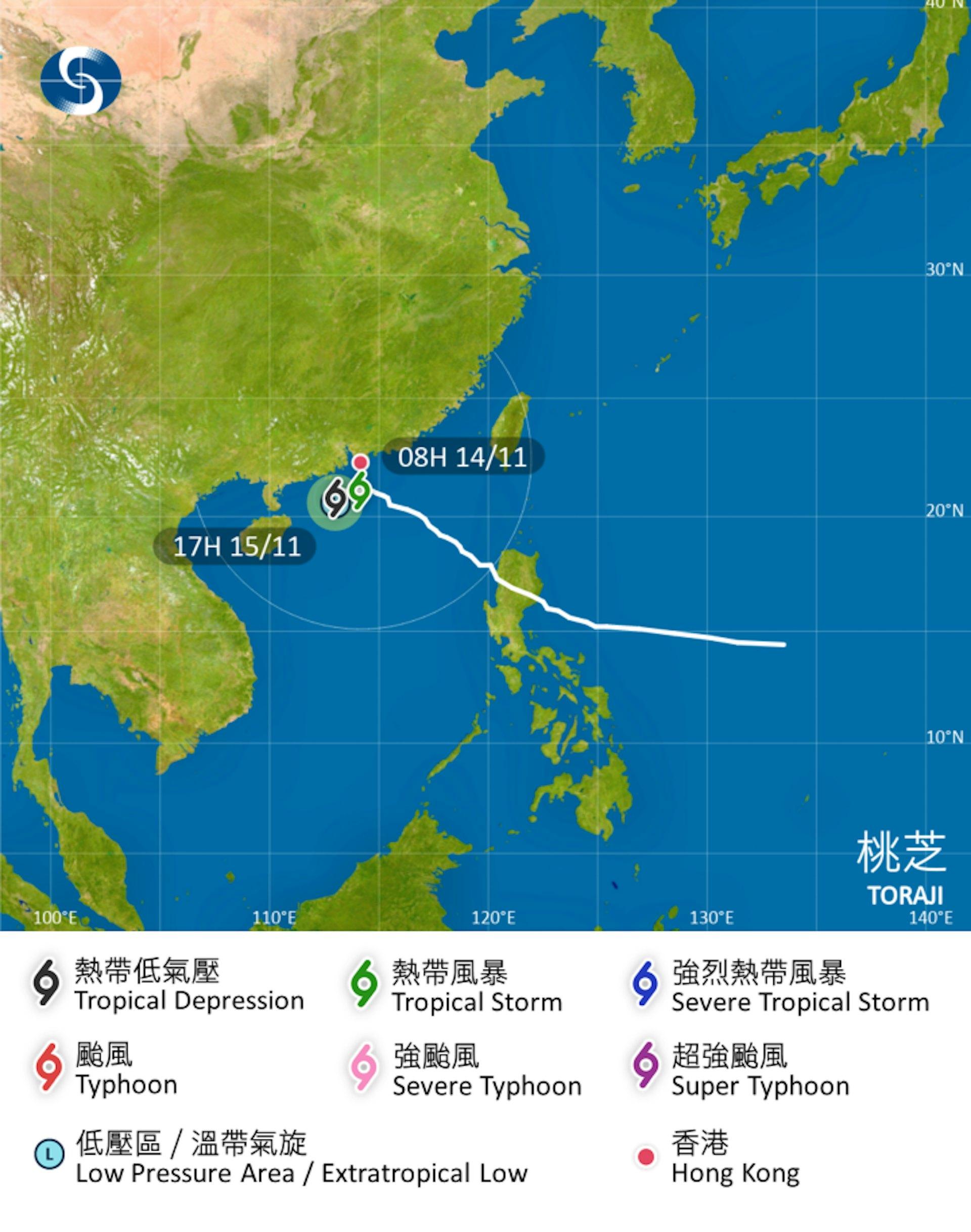 桔梗颱風開始減弱 ,並將會遠離香港,預料當地風力會逐漸緩和。(圖/翻攝自香港天文台)