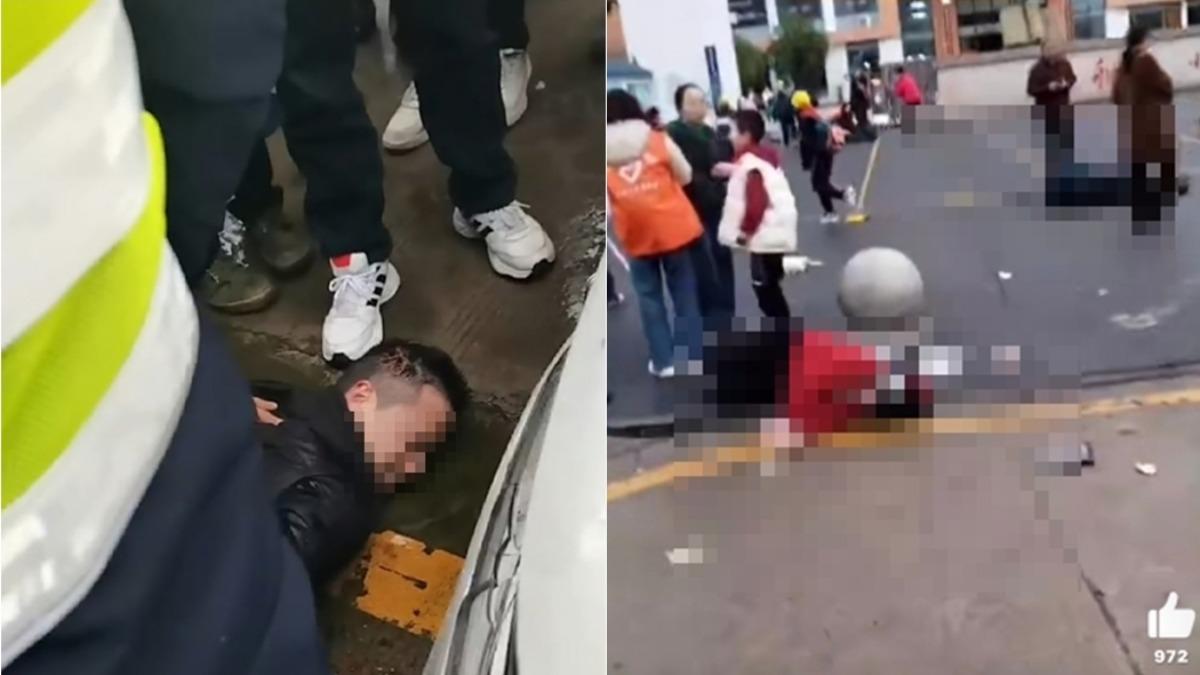 大批民眾圍打一名男子,疑似肇事司機。(圖/翻攝微博)