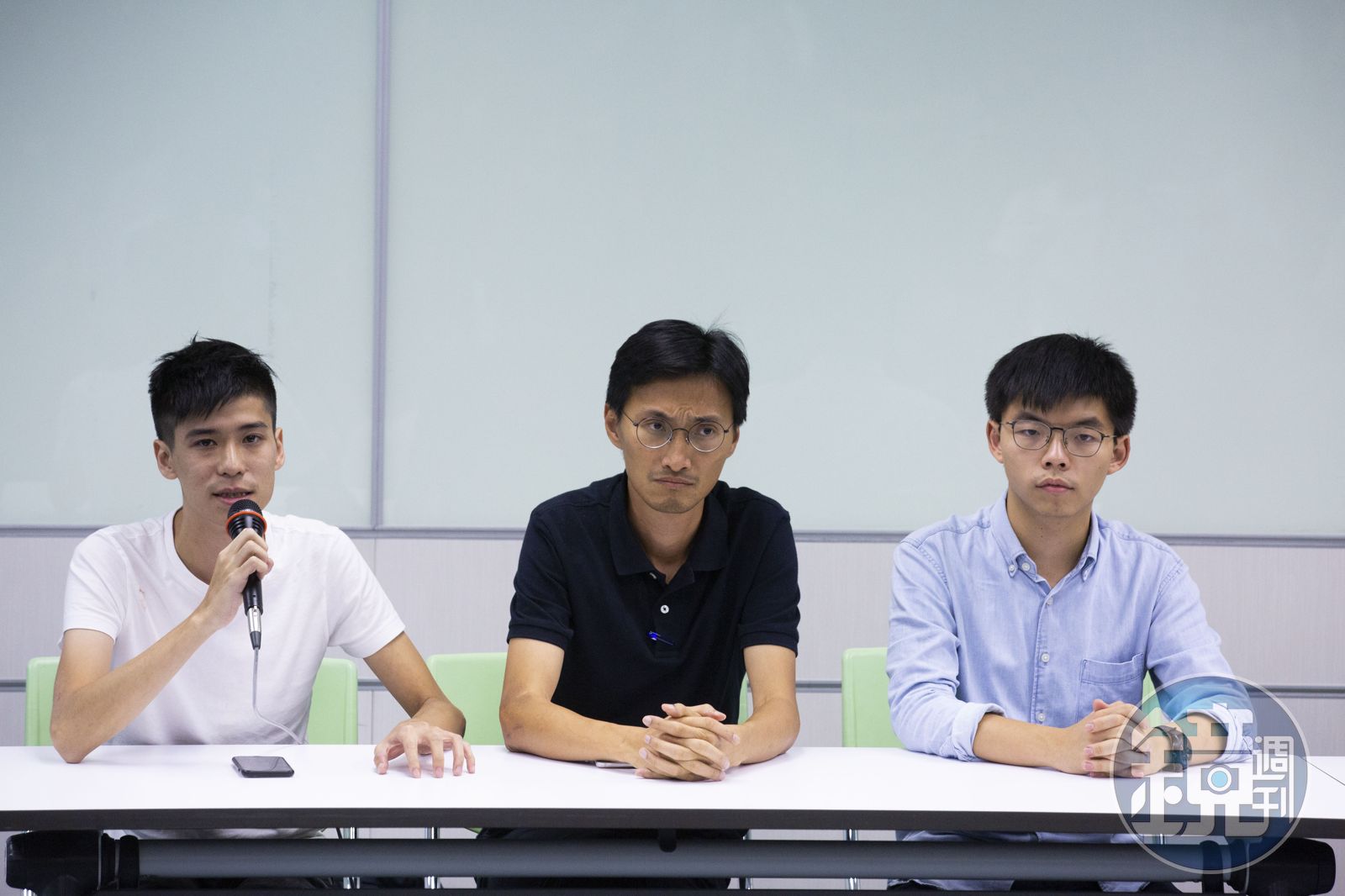 岑敖暉（左起）、朱凱廸、黃之鋒等人今遭以串謀顛覆國家罪判刑。（本刊資料照）