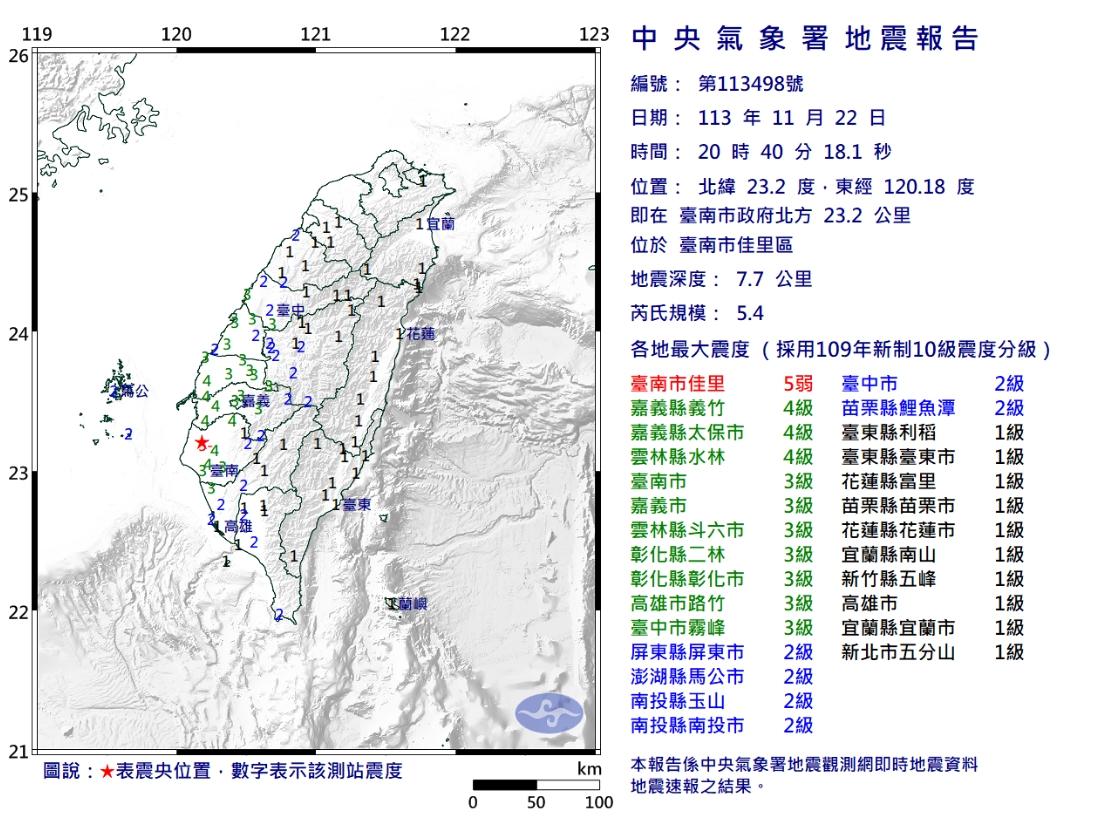 台南5.4地震。（圖／中央氣象署）