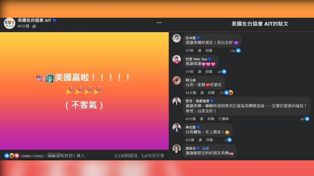 美國贏球,台灣政治人物留言。(圖/翻攝自AIT臉書)
