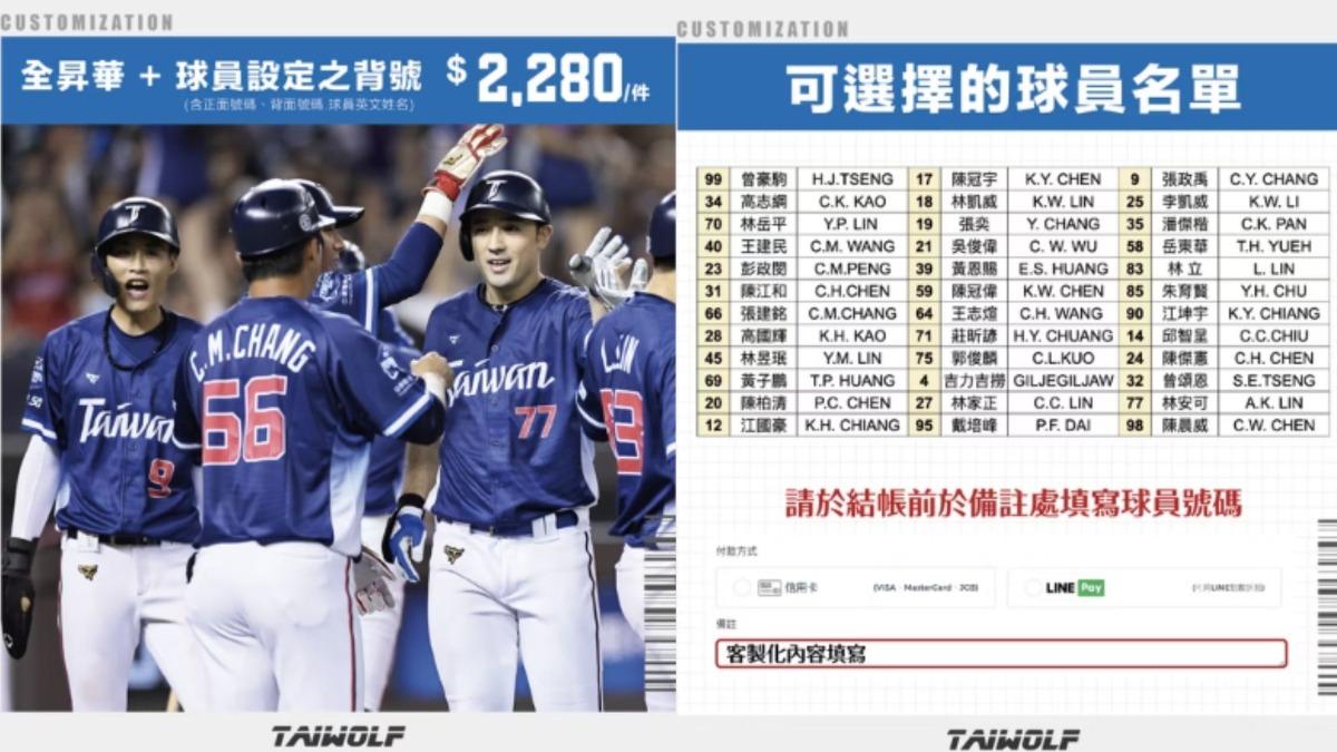 十二強熱身賽 TEAM TAIWAN 球員版背號球衣,預購也只到今天。(圖/翻攝自TAIWOLF官網)