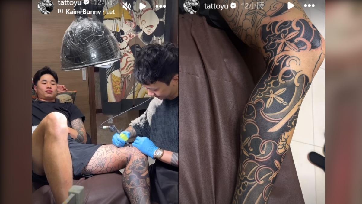 林昱珉左腿也包腿。(圖/胡瑞麒攝、翻攝自@tattoyu ig)