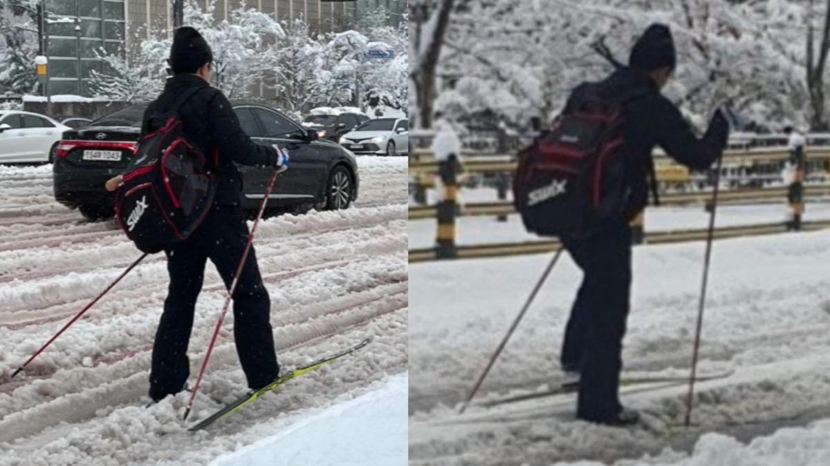 韓國下大雪,民眾索性滑雪代步。(圖/翻攝自首爾新聞)