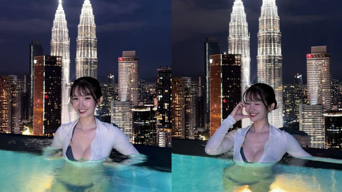 金奈見的巨波與背景雙塔遙相呼應。(圖/翻攝自nahyunworld IG)