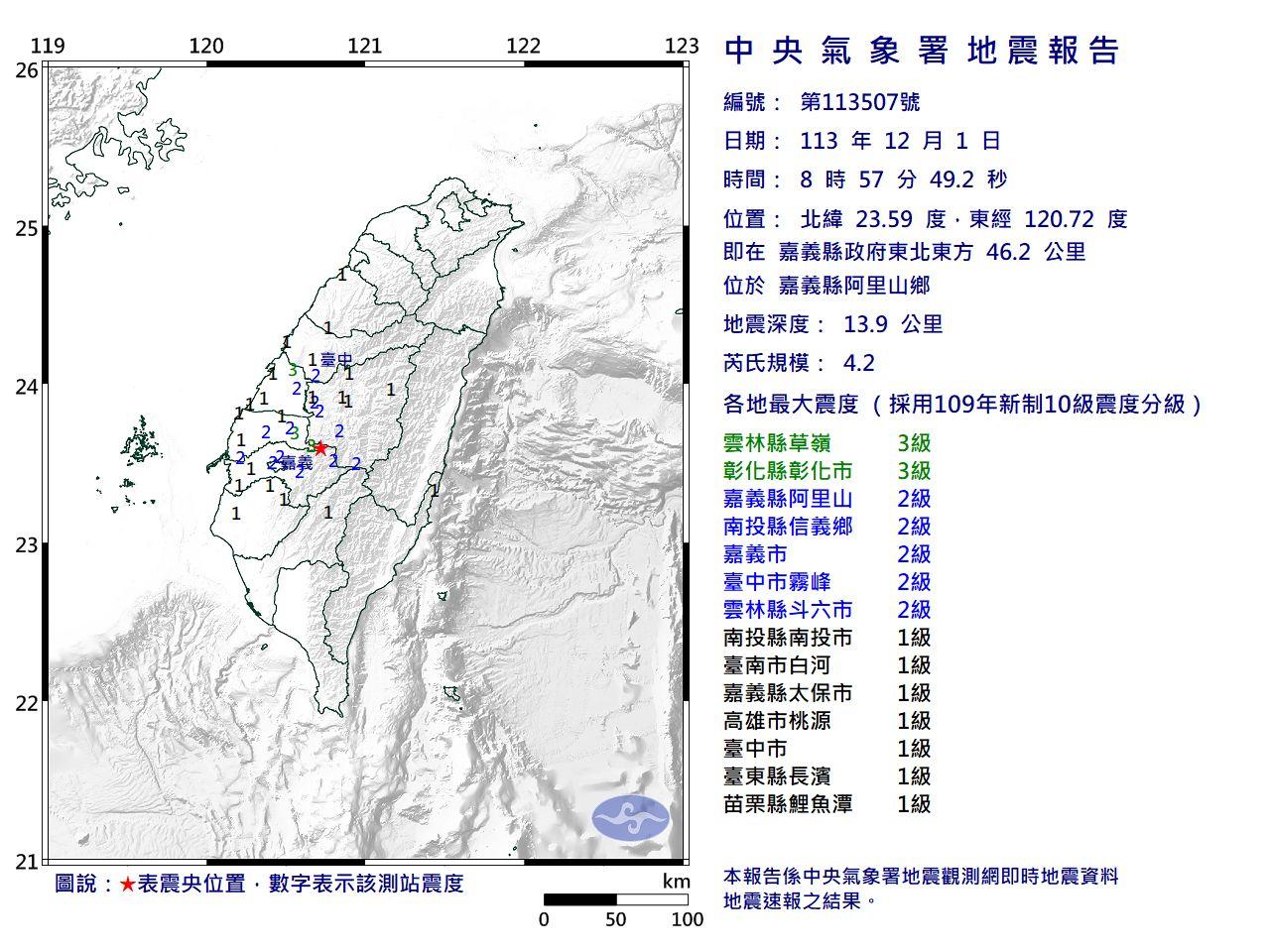 嘉義阿里山規模4.2地震。(圖/氣象署)