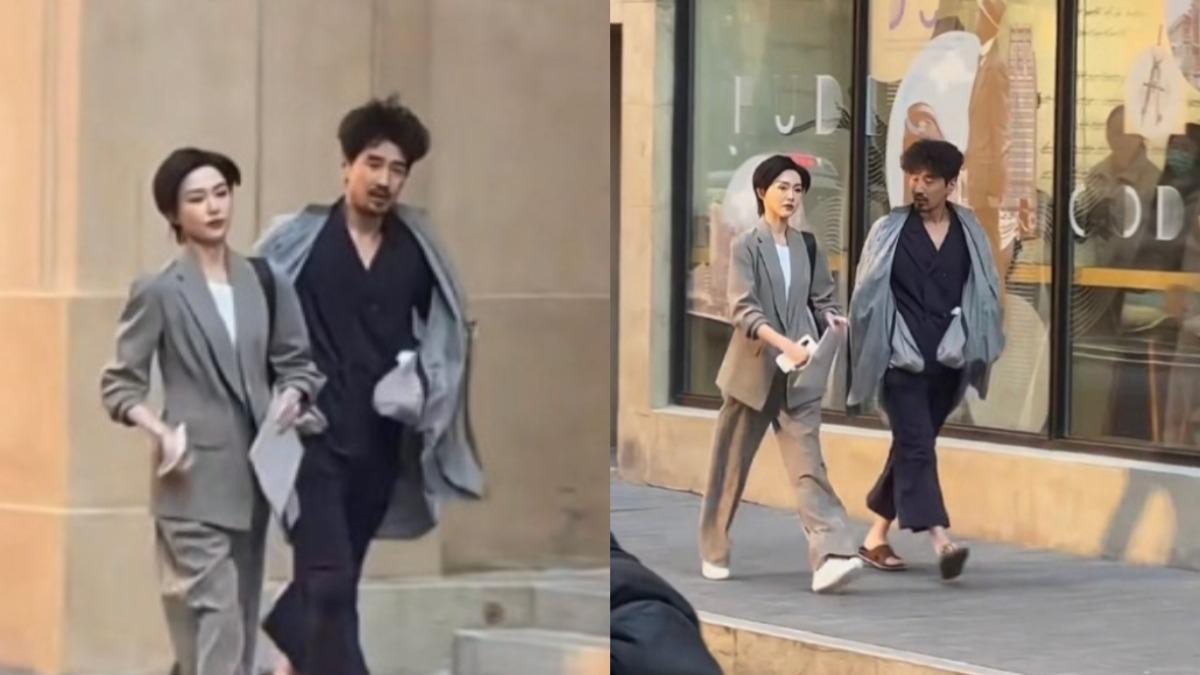 趙又廷、唐嫣正在拍攝新劇《獨身女人》,趙又廷的蓄鬍亂髮邋遢模樣曝光。(圖/翻攝自微博)