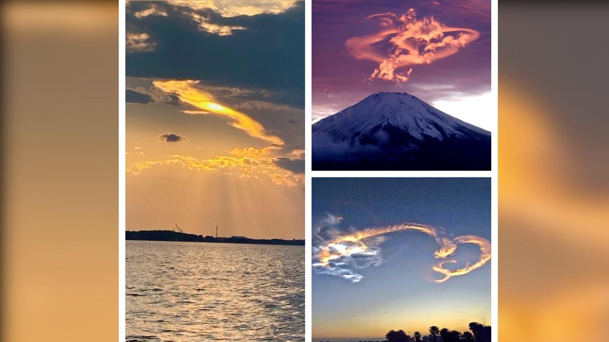 網友拍下多角度富士山上空出現的奇特景色。(圖/翻攝自@N_JoyBoy @euFbE9HcVA69280 @Mom7Rm)