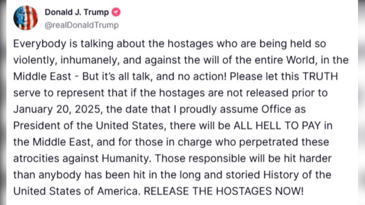 川普社群發文呼籲哈瑪斯放人質。(圖/翻攝自truthsocial@realDonaldTrump)