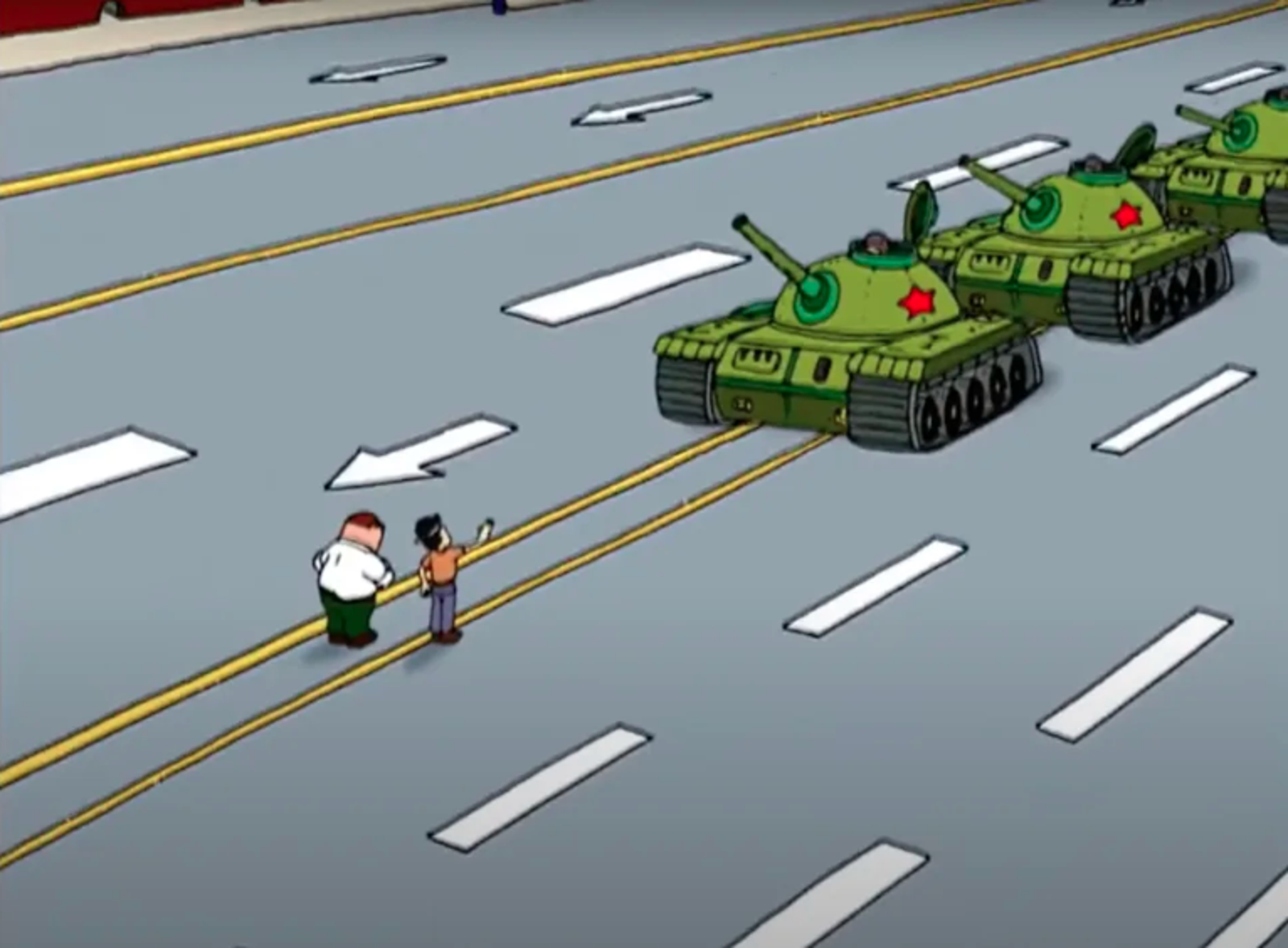 美國動畫片「Family guy」中影射六四天安門事件。（翻攝YouTube）