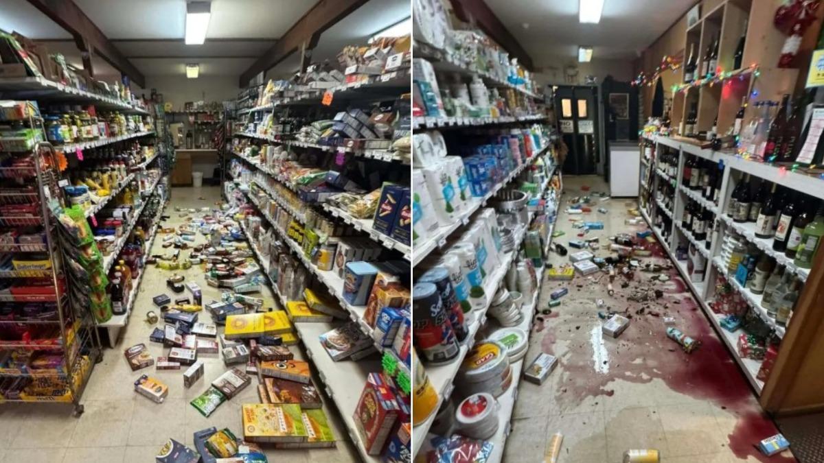 規模7.0強震讓加州雜貨店裡的商品掉落一地。(圖/翻攝自New York Times)