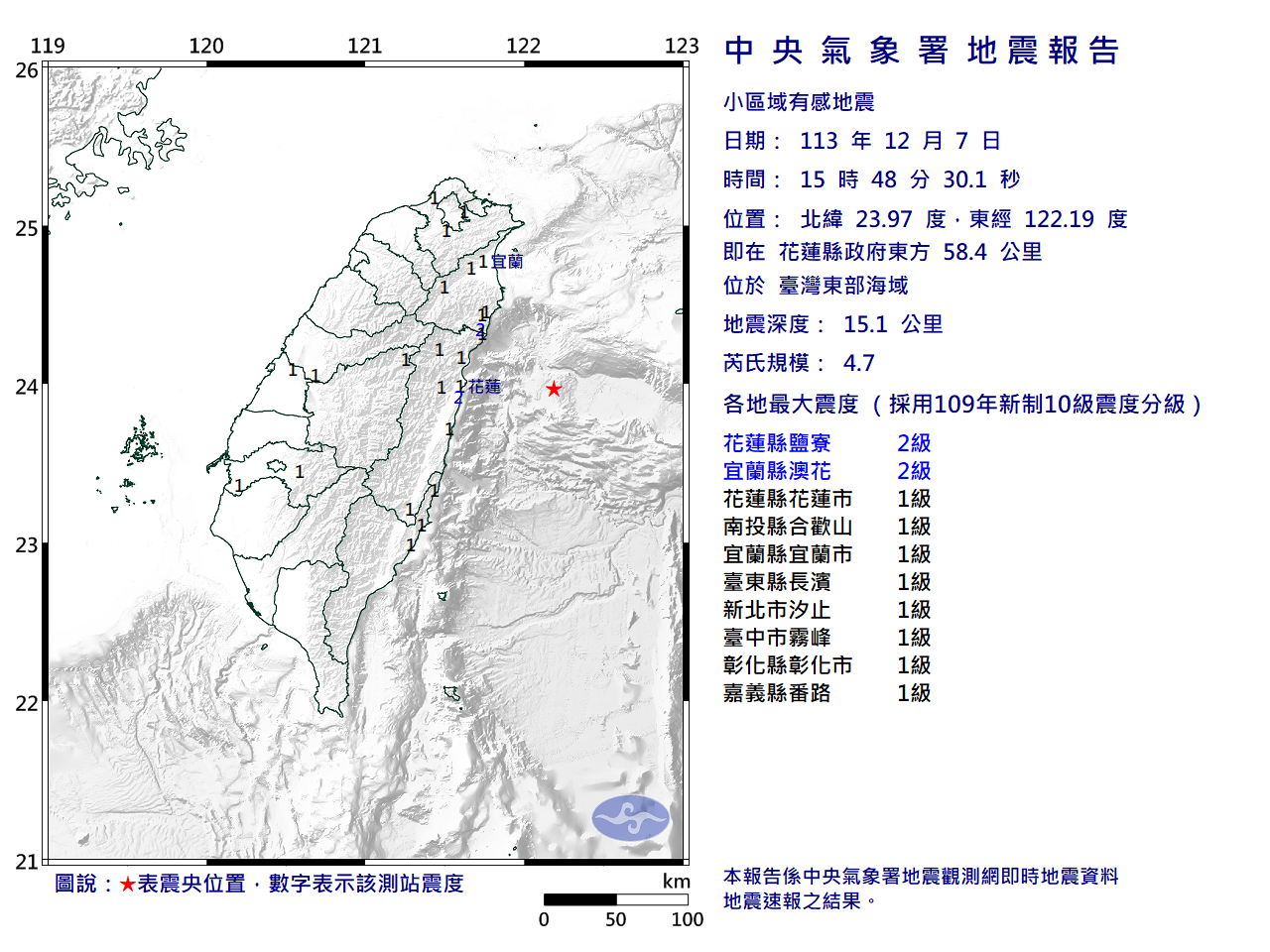 震央位於花蓮縣政府東方 58.4 公里。（圖／中央氣象署）