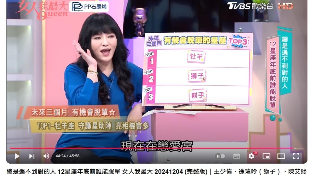 牡羊座有守護星助陣，有心情談戀愛，也有亮相機會。（圖／翻攝自TVBS女人我最大YouTube頻道）