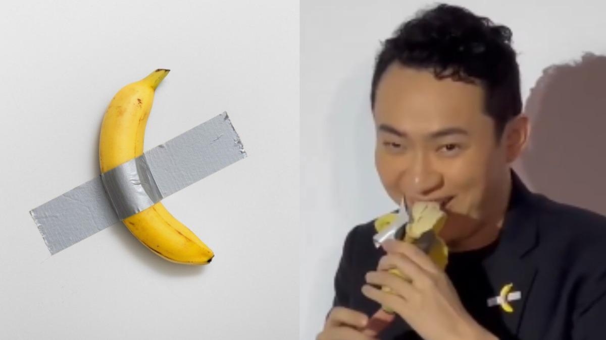 香蕉藝術品《喜劇演員》(Comedian)被吃掉。(圖/翻攝自 X)