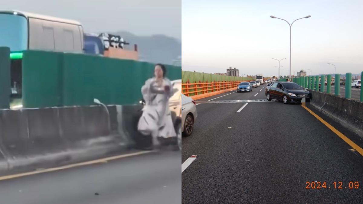 雷女事故下車後，高舉雙手站在車旁詭異起舞。（圖／翻攝自Threads、TVBS）