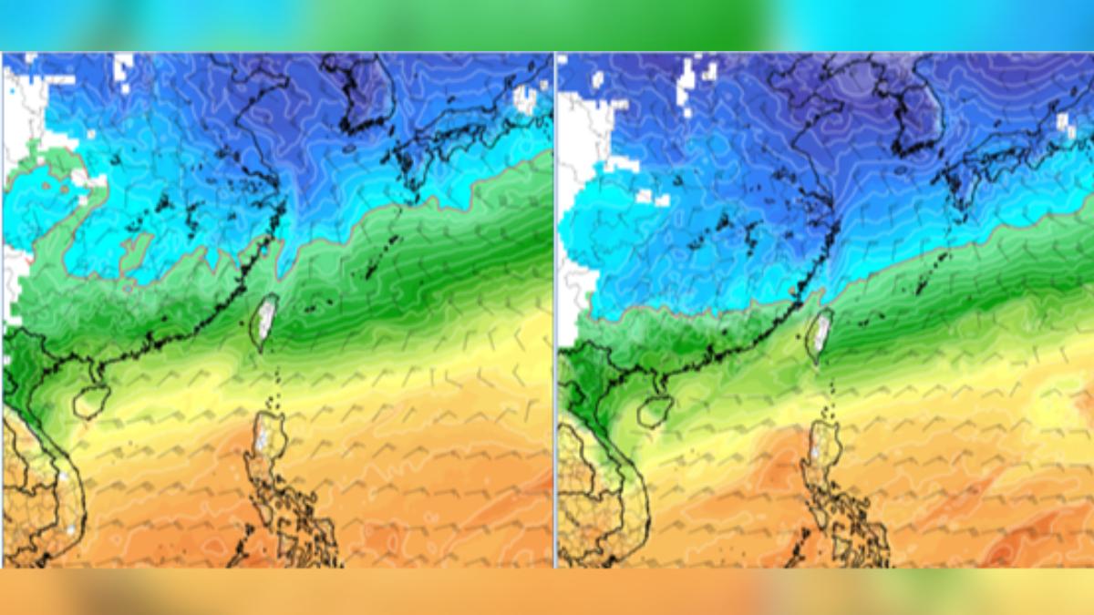氣象專家吳德榮在專欄指出,最新(9日20時)歐洲模式(ECMWF),週六(14日)20時模擬圖顯示,850百帕零度線,在北部近海(左圖)。最新美國模式(GFS),14日20時模擬圖則顯示,850百帕零度線,非常接近北部陸地(右圖)。(圖/翻攝氣象應用推廣基金會)