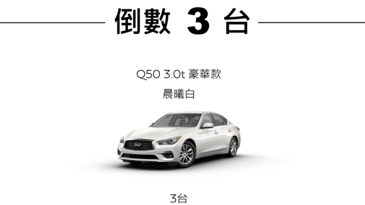 官網再更新庫存數字，表示剩下最後3台都是Q50 3.0t豪華款晨曦白。（圖／Infiniti提供）