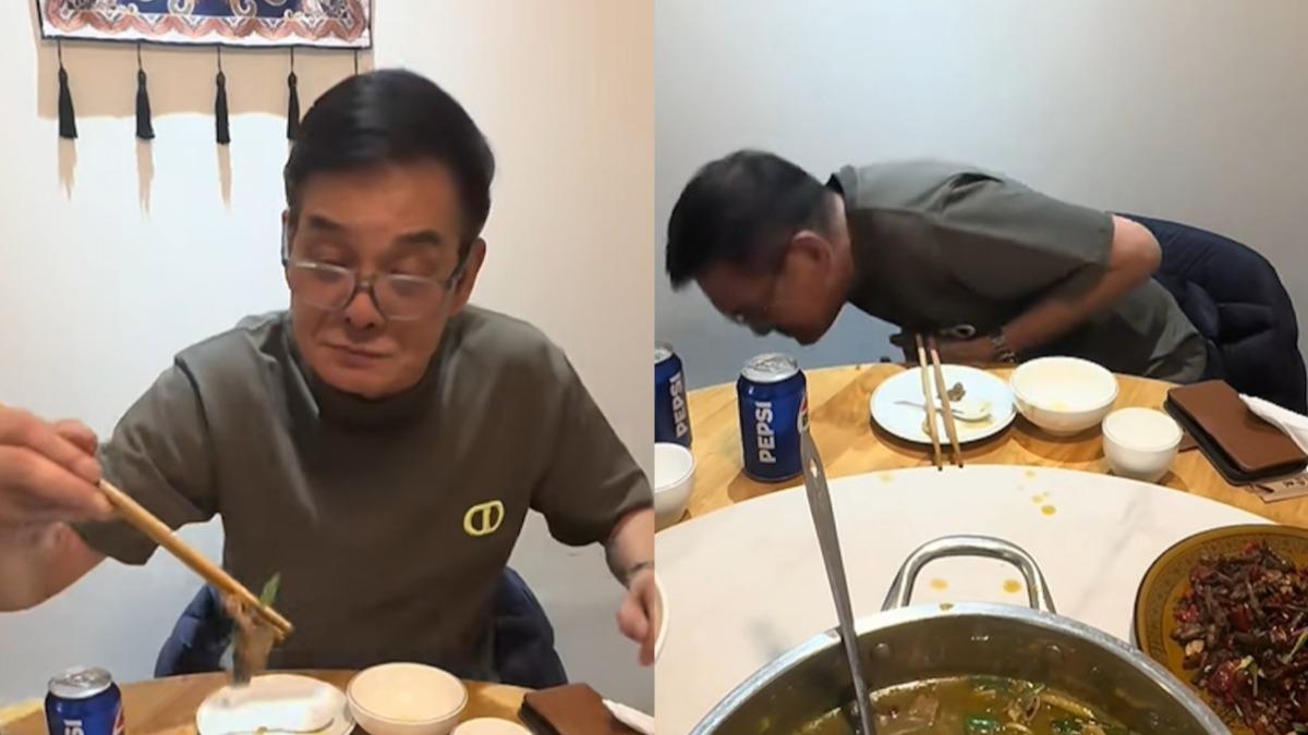 李國麟拍影片吃「牛屎」火鍋,邊嘔邊讚好吃。(圖/翻攝自李國麟小紅書)