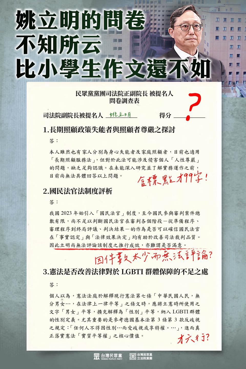 民眾黨公布姚立明填答問卷內容。(圖/翻攝自陳智菡臉書)