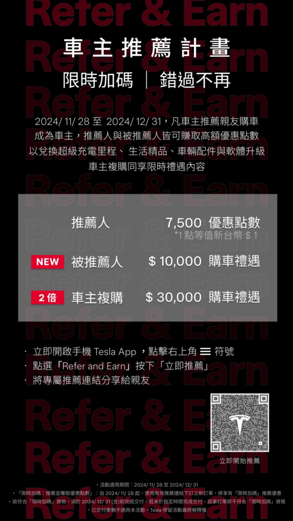 被推薦人可享加碼1萬元購車折扣；若是現任車主復購，則優惠從1萬5千元加碼至3萬元，活動僅到31日。（圖／台灣特斯拉）