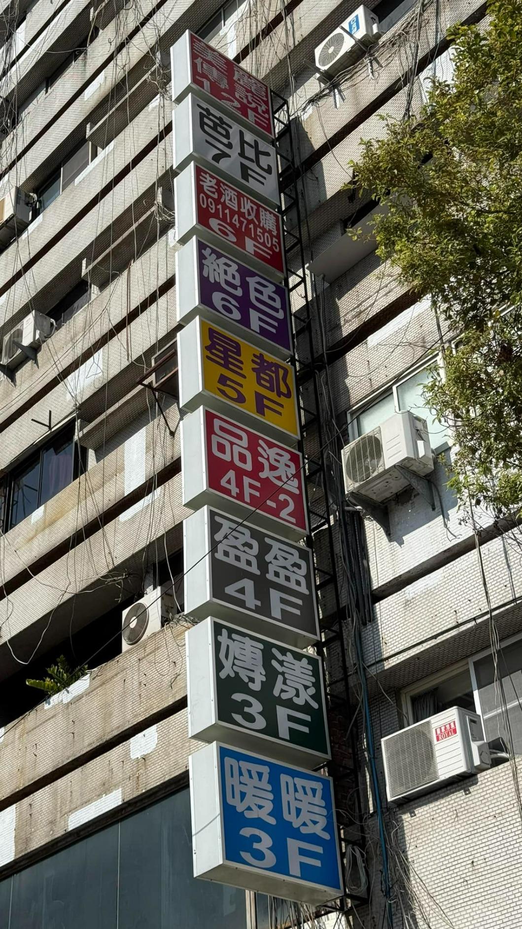 高雄七賢路一棟大樓,外觀懸掛著一串五顏六色的招牌。(圖/翻攝自路上觀察學院)