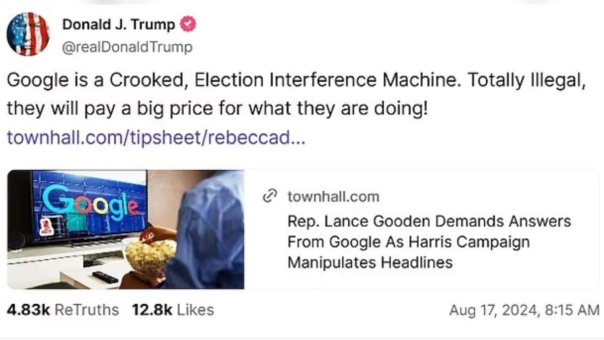 川普今年八月在自己的社交軟體Truth Social 發文表達對Google的不滿。(圖/翻攝自 Truth Social)