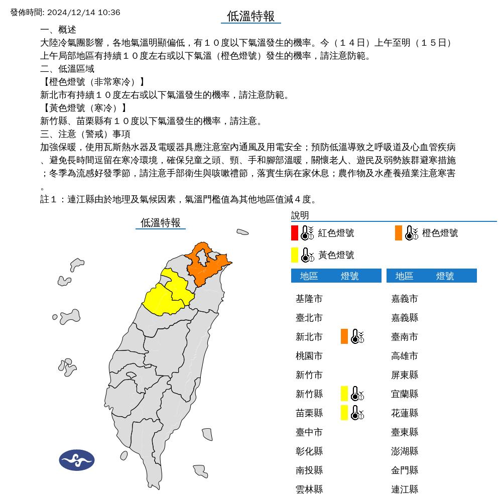 氣象署低溫特報。(圖/氣象署)