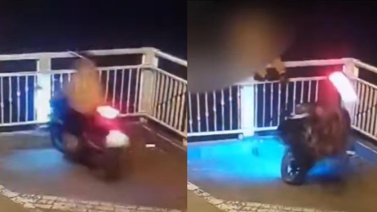 陸騎士看錯路「前空翻墜橋」!抓不住護欄噴飛 驚悚瞬間曝光