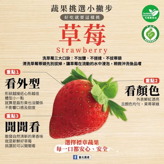 北農分享草莓挑選方法。(圖/翻攝自台北農產臉書粉專)