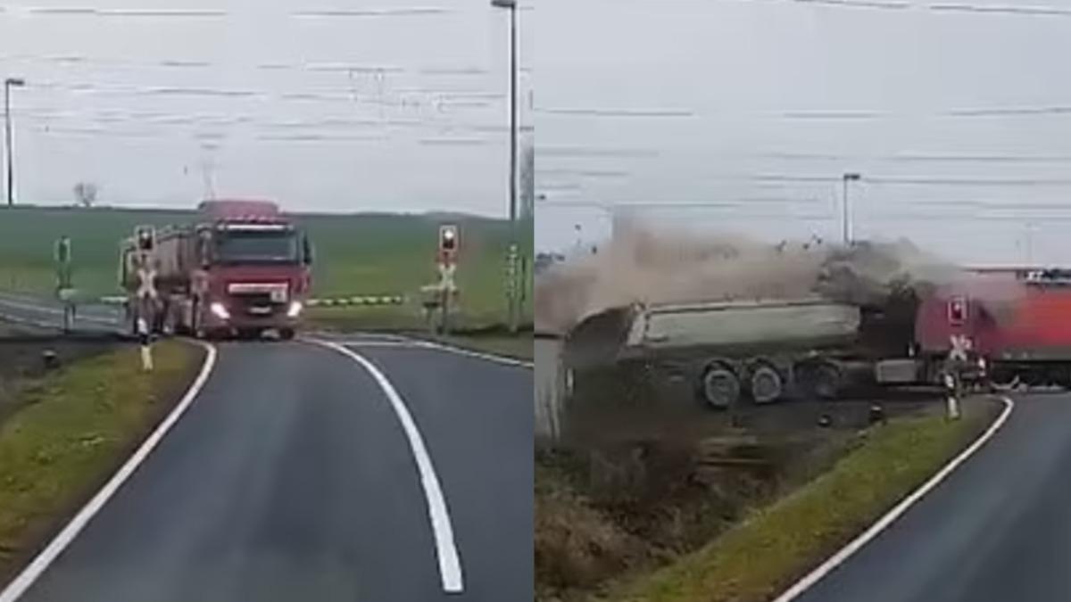 火車逼近!卡車陷平交道他果斷跳車 下秒車輛撞成稀巴爛