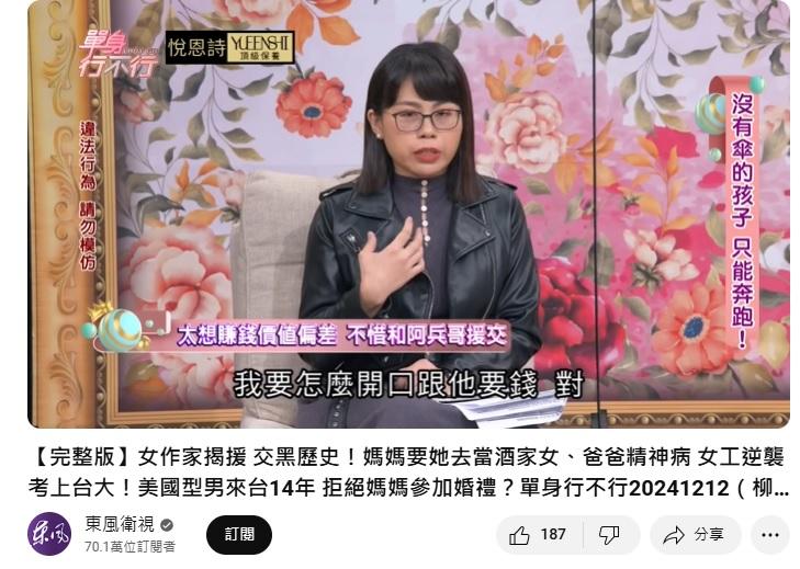 作家柳靖自曝援交過往。(圖/翻攝東風衛視YT)