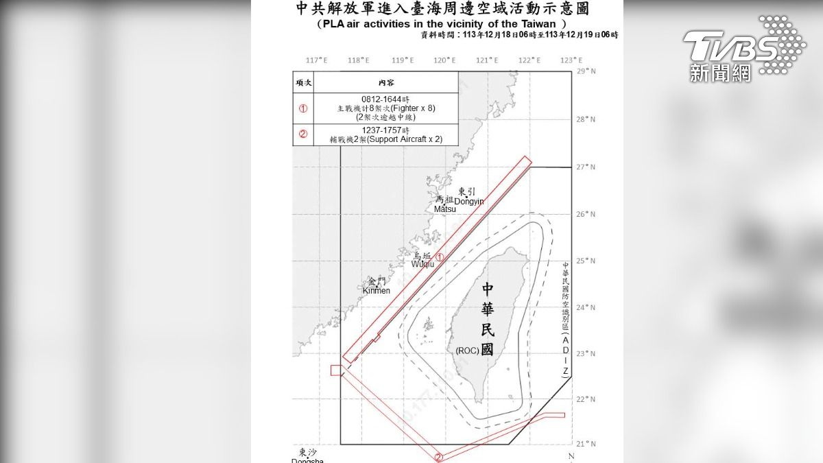 截至今日上午6時，過去24小時內國防部偵獲10架次共機及5艘共艦於台海周邊活動。（圖／國防部提供）