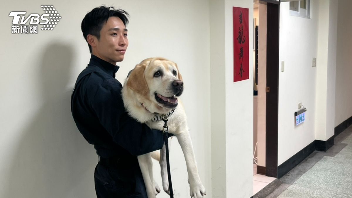 警犬「福星」被領犬員抱著笑了。(圖/TVBS)