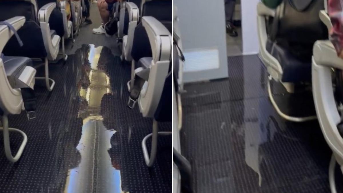 曝光的影片中可以見到機艙走道淹水,震驚的旅客見狀紛紛逃離座位。(圖/翻攝自X@ABC)