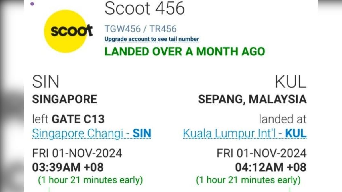 酷航(Scoot)TR456航班,在11月1日提早將近1.5小時從新加坡樟宜機場起飛,讓乘客措手不及。(圖/翻攝自X)