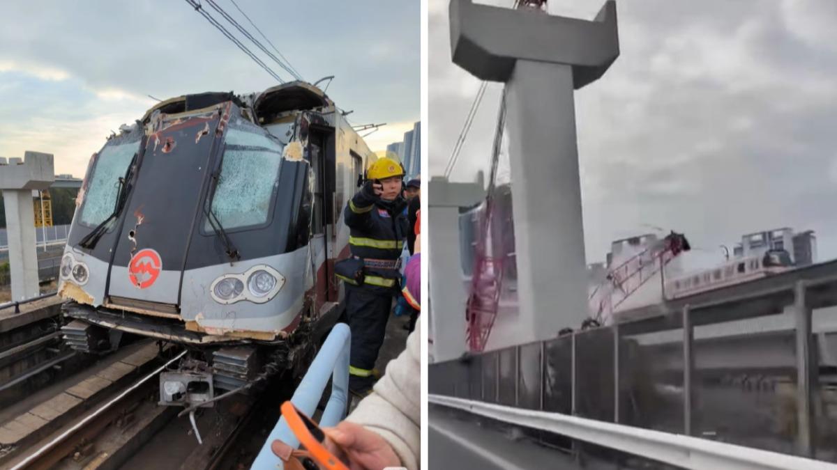有片/上海地鐵吊臂砸落軌道 列車剎不住迎面撞車頭變形